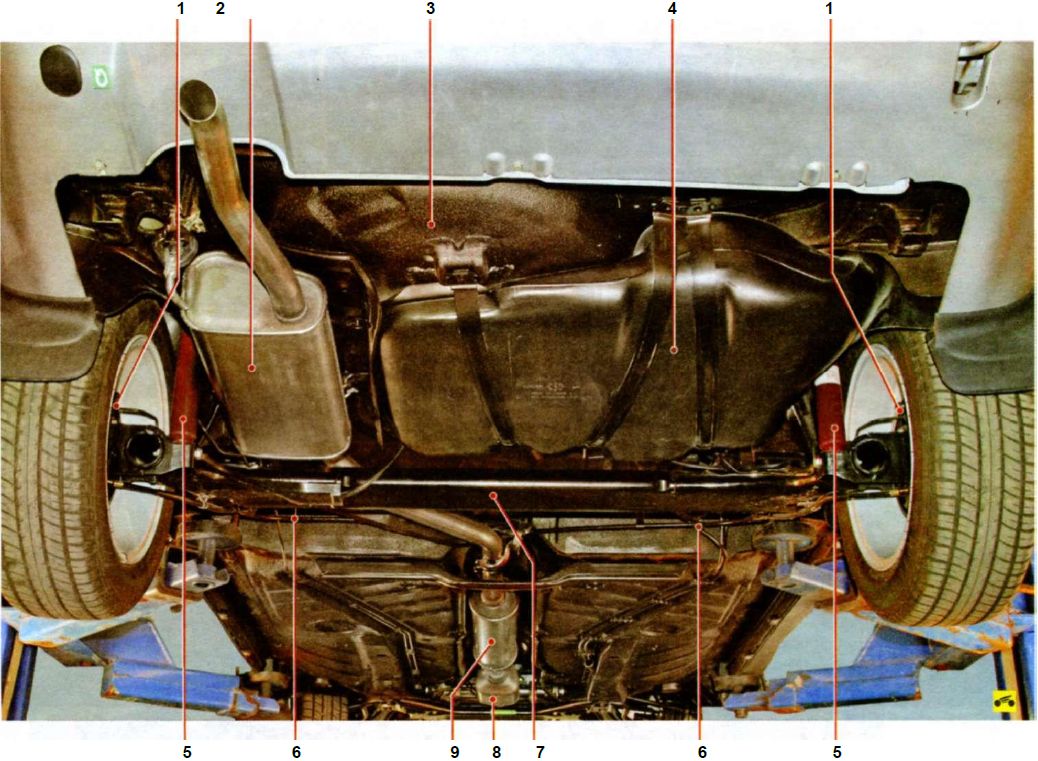 Основні агрегати автомобіля (вид знизу ззаду)