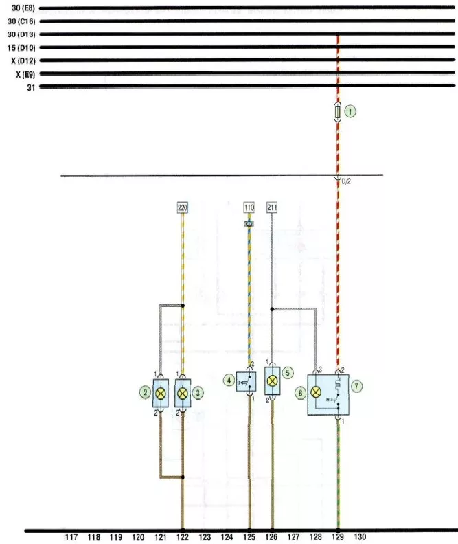 Схема 8. Передние противотуманные фары, прикуриватель, сигнальная лампа включения кондиционера