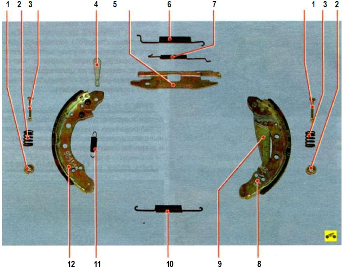 Рис. 9.3. Детали тормозного механизма заднего колеса (показаны детали тормозного механизма с левой стороны)