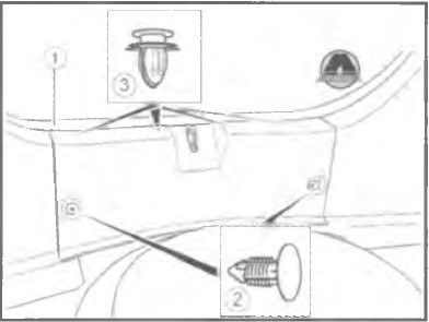 Витягнути верхні затискачі кріплення (3) панелі облицювання задньої стінки багажного відділення