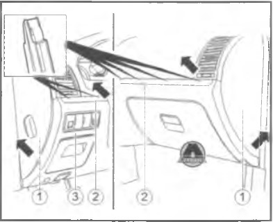 Снять крышки панели облицовки (1) приборной панели